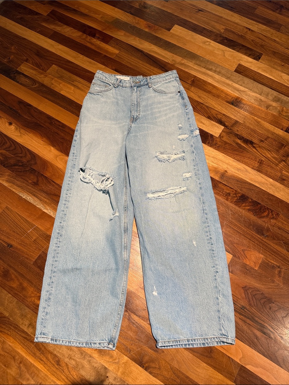 Zara Light Blue Distressed Wide-Leg Jeans